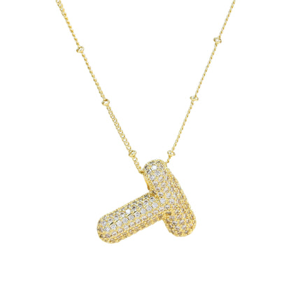 Brass Zircon Bubble Letter Pendant Necklace