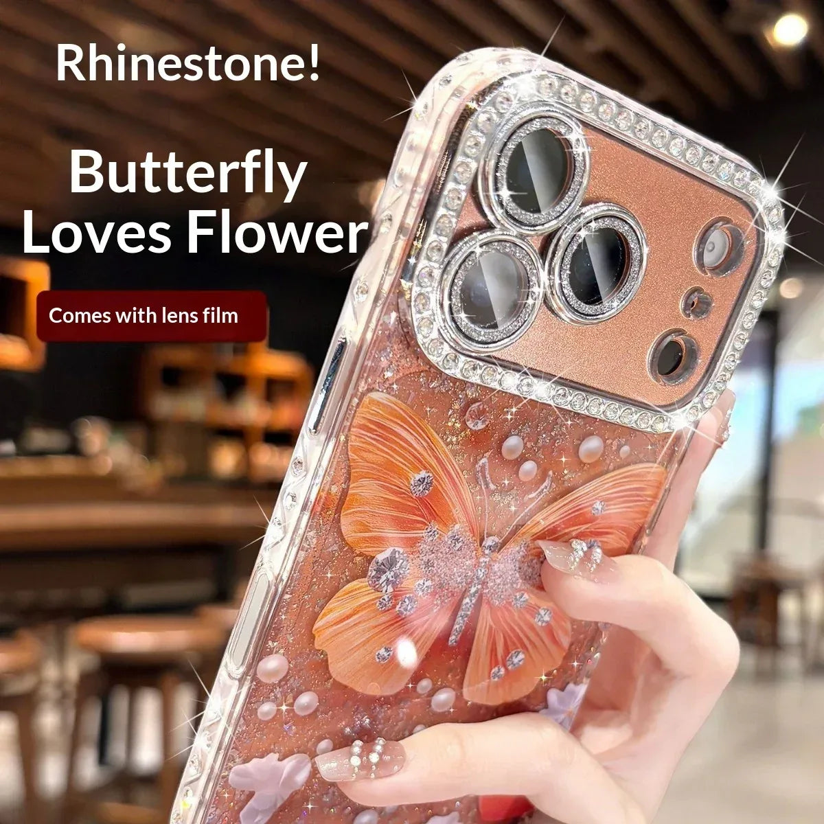 Rhinestone Butterfly iPhone Case With Glitter Lens Protector - Viexta