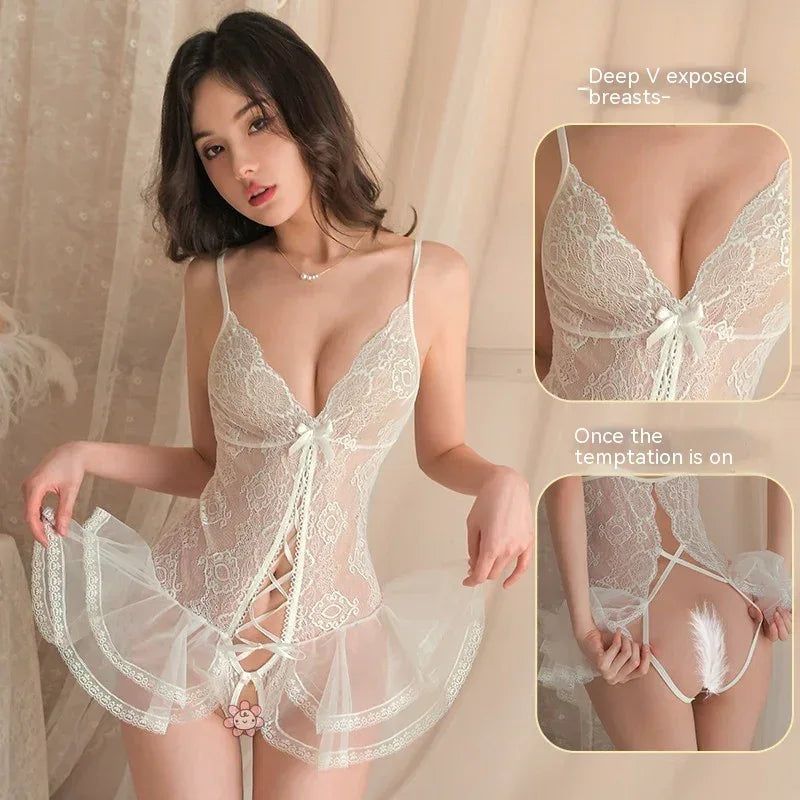 lingerie-sling-lace-jumpsuit-hollow-out-uniform-pajamas - Viexta