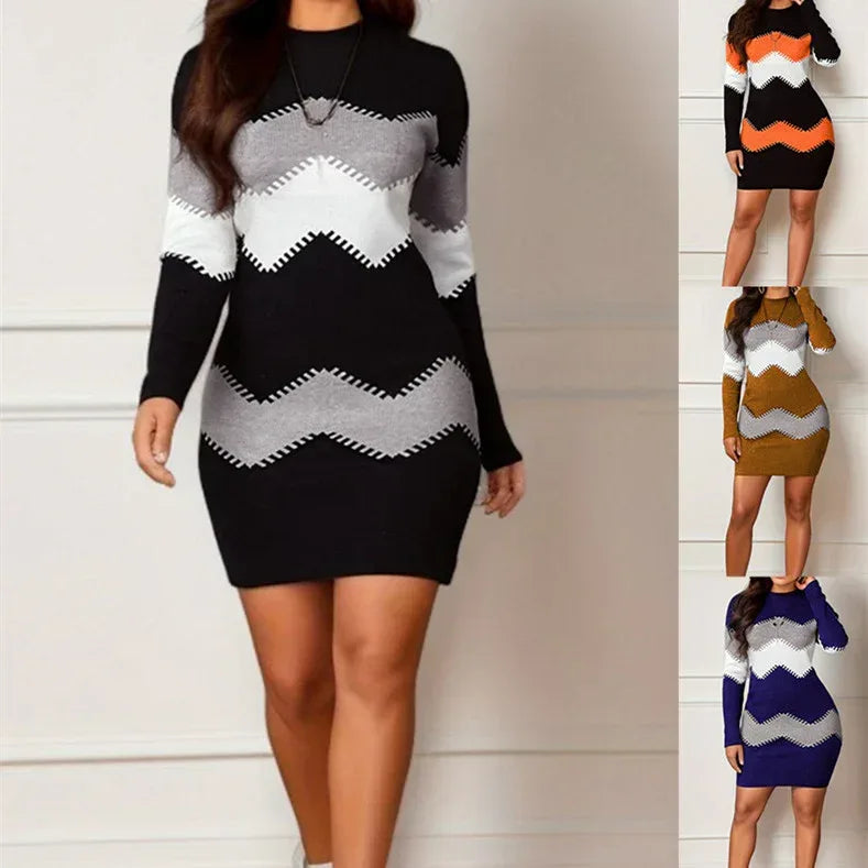 Mid-length Short Skirt Round Neck Long Sleeve Printed Knitted Sheath Dress - Viexta
