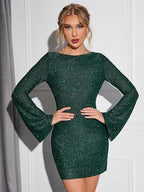 Long Sleeve Short Dress Women Sparkling Sequin Backless Lace Up Bodycon Dress For Party Wedding Club - Viexta