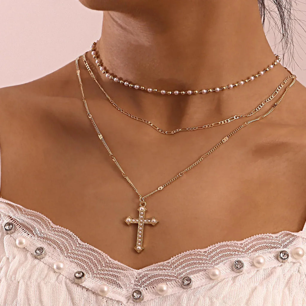 Multilayer Pearl Chain With Cross Pendant - Viexta