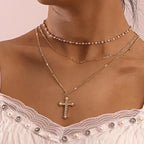 Multilayer Pearl Chain With Cross Pendant - Viexta