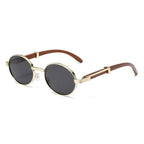 Metal Oval-frame Sunglasses With A Wood-grain Finish - Viexta