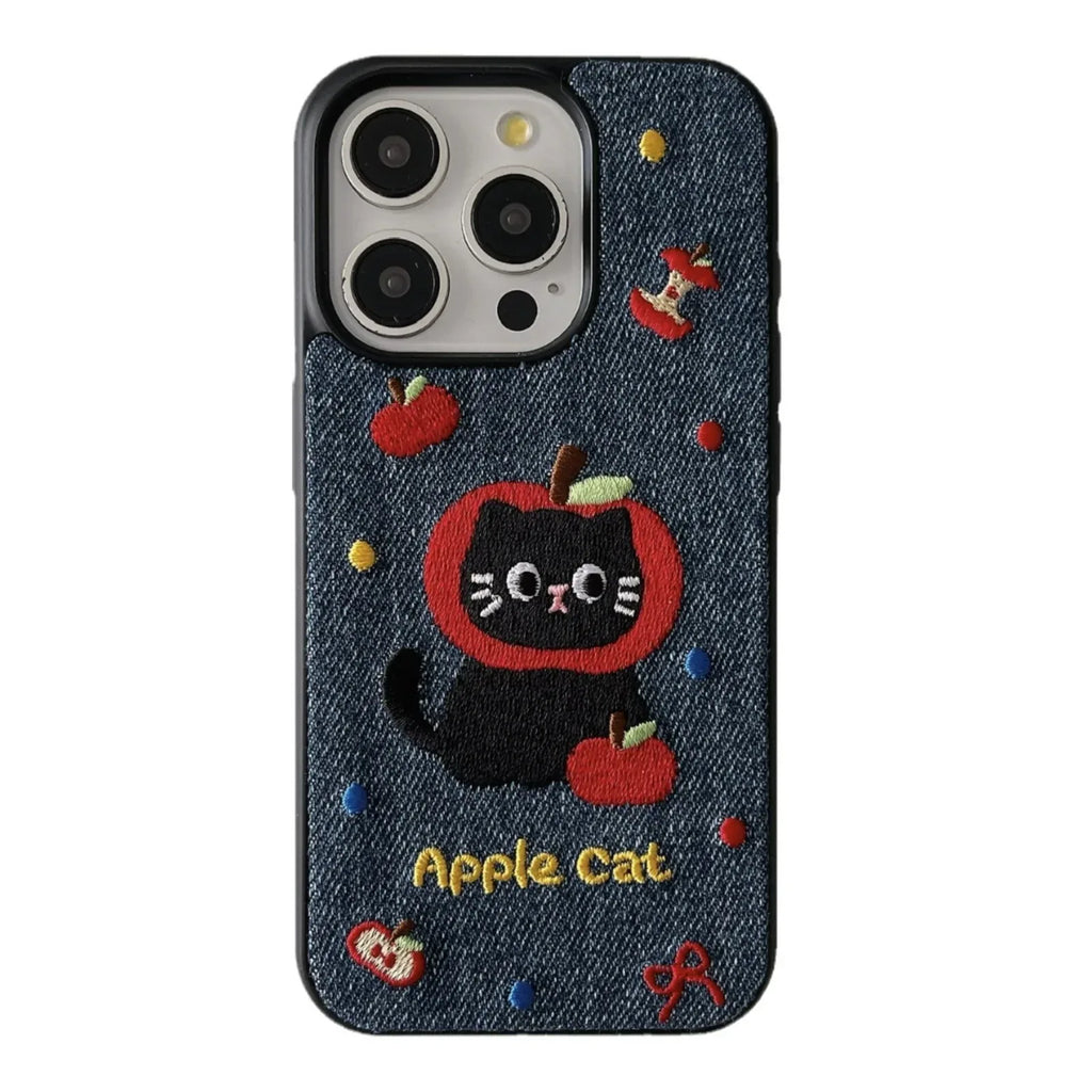 Denim Embroidered Cat Cartoon iPhone Case - Viexta