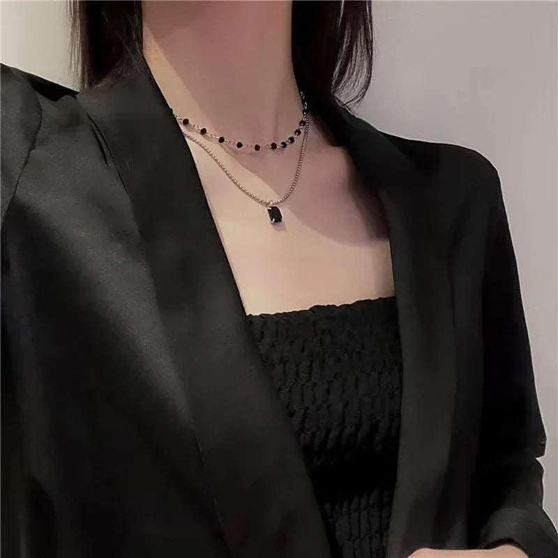 Double Layer Twin Black Rhimestone Necklace - Viexta