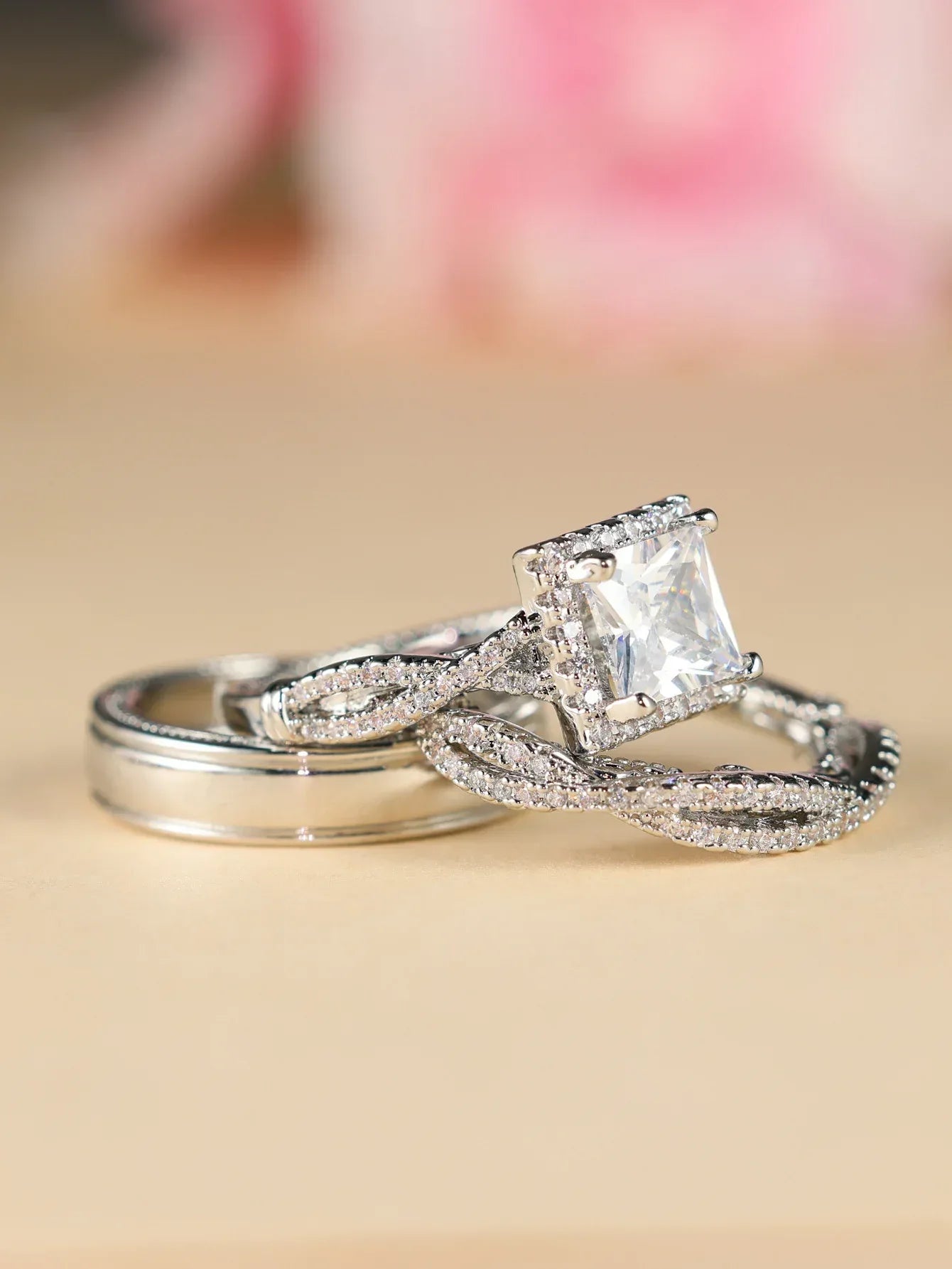 Rose Gold Three-Piece Diamond-Encrusted Zircon Ring Set - Viexta