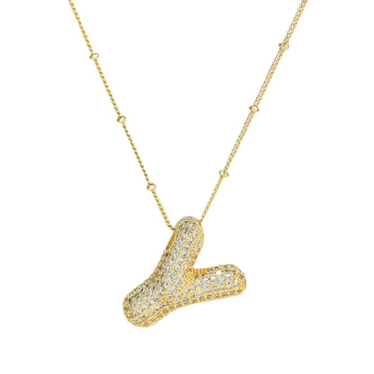 Brass Zircon Bubble Letter Pendant Necklace