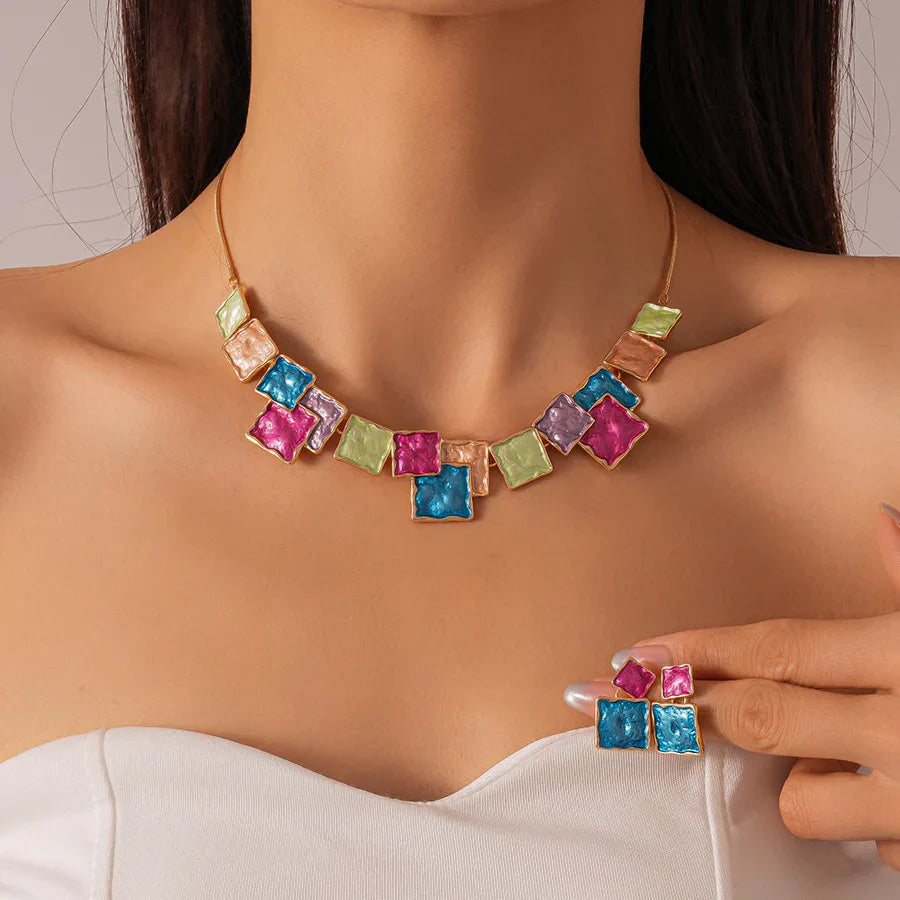 Geometric Square Earring And Necklace Set For Women