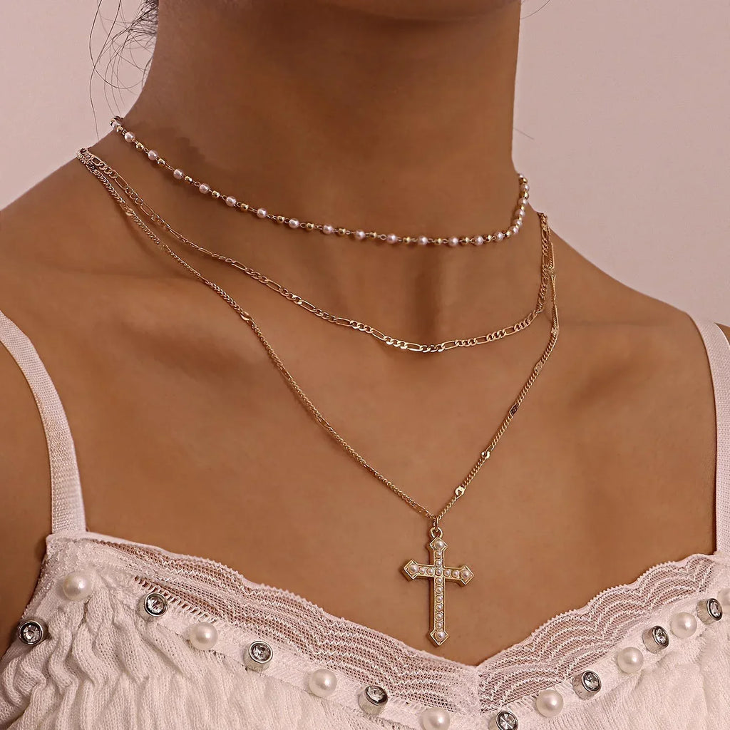 Multilayer Pearl Chain With Cross Pendant - Viexta