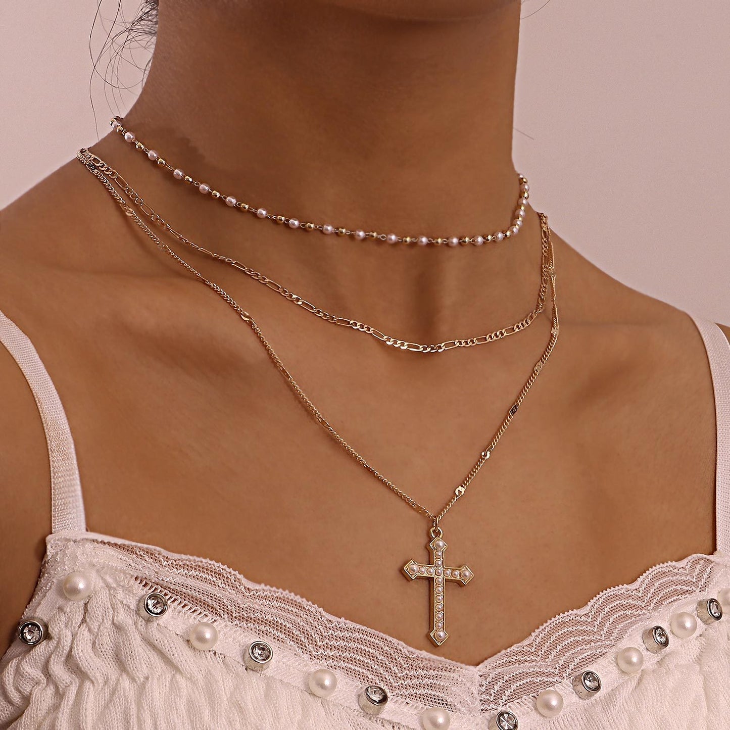 Multilayer Pearl Chain With Cross Pendant