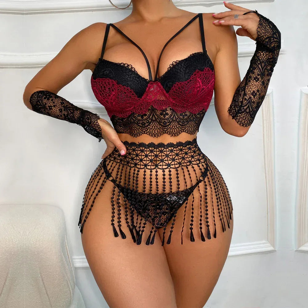 tassel-waist-seal-lace-stitching-with-gloves-sexy-lingerie-suit - Viexta