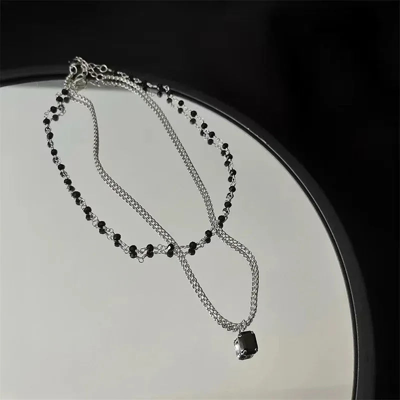 Double Layer Twin Black Rhimestone Necklace - Viexta