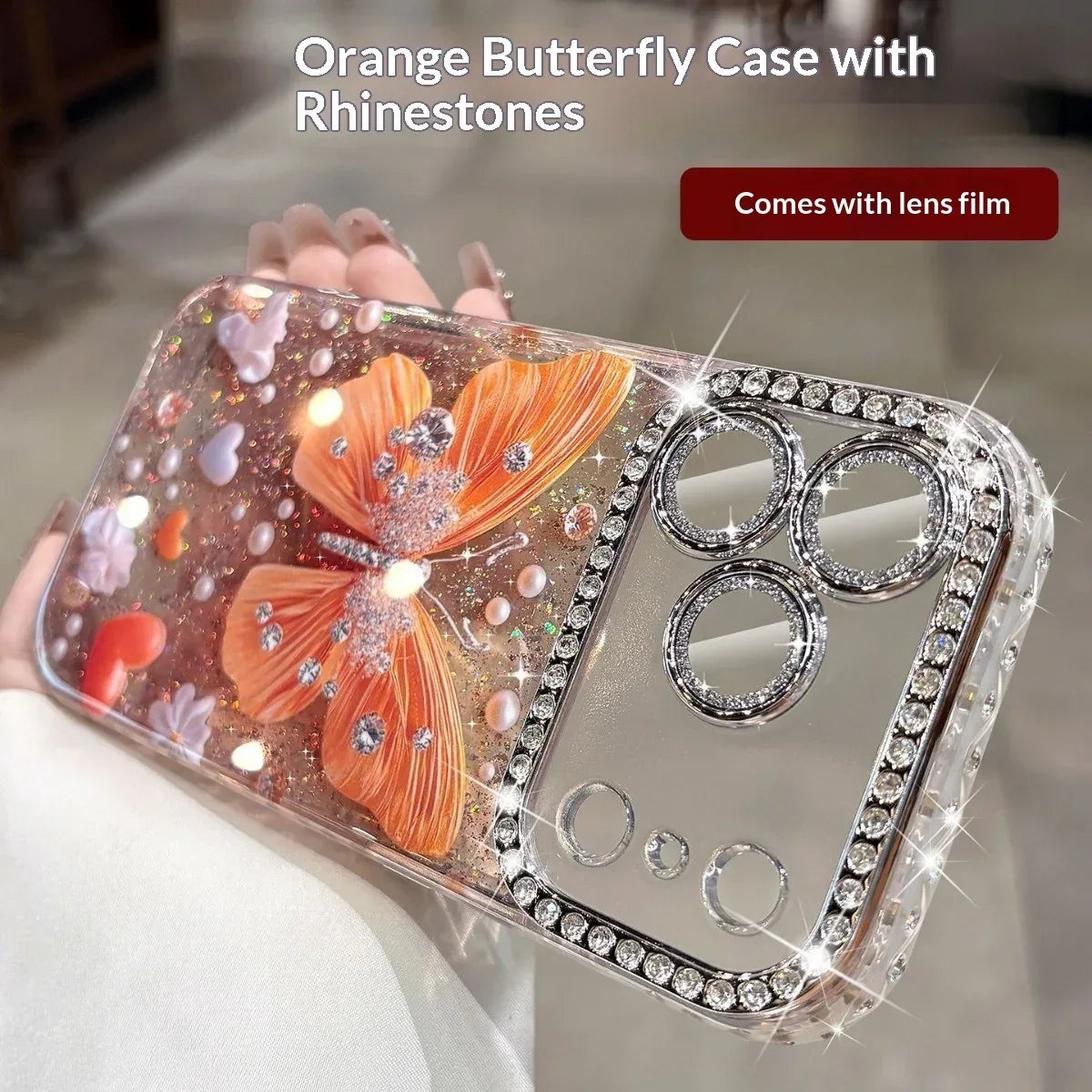 Rhinestone Butterfly iPhone Case With Glitter Lens Protector - Viexta