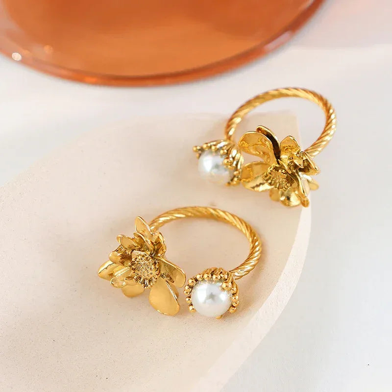 french-retro-flower-brass-stainless-steel-ring-for-women - Viexta