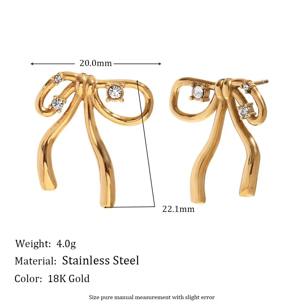 Stainless Steel 18K Gold Plating Rhinestone Bow Pendant Earring Ring - Viexta