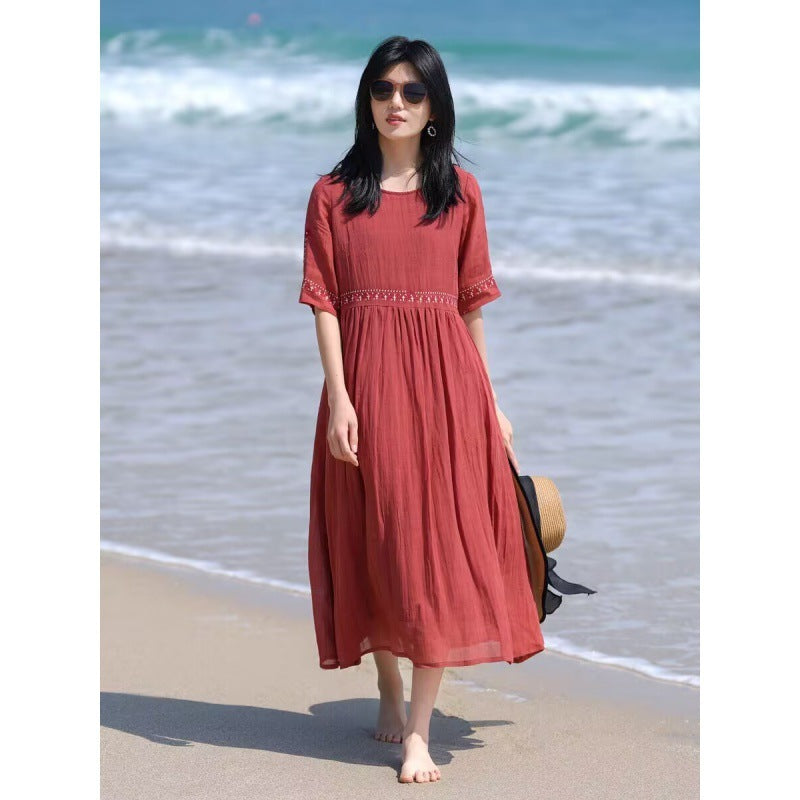 Loose Embroidery Ramie Swing Dress