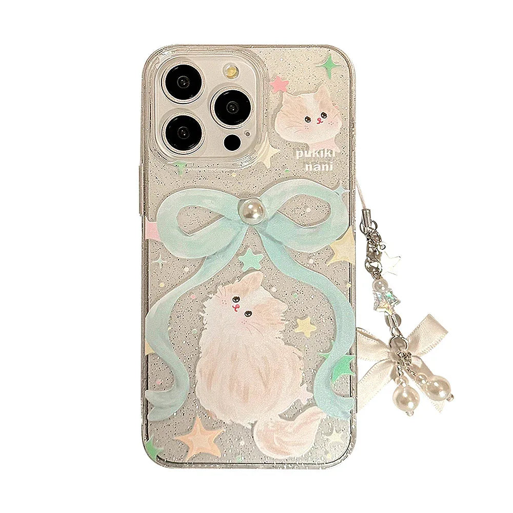 Glitter iPhone Case With Bow And Cat Charm Lanyard