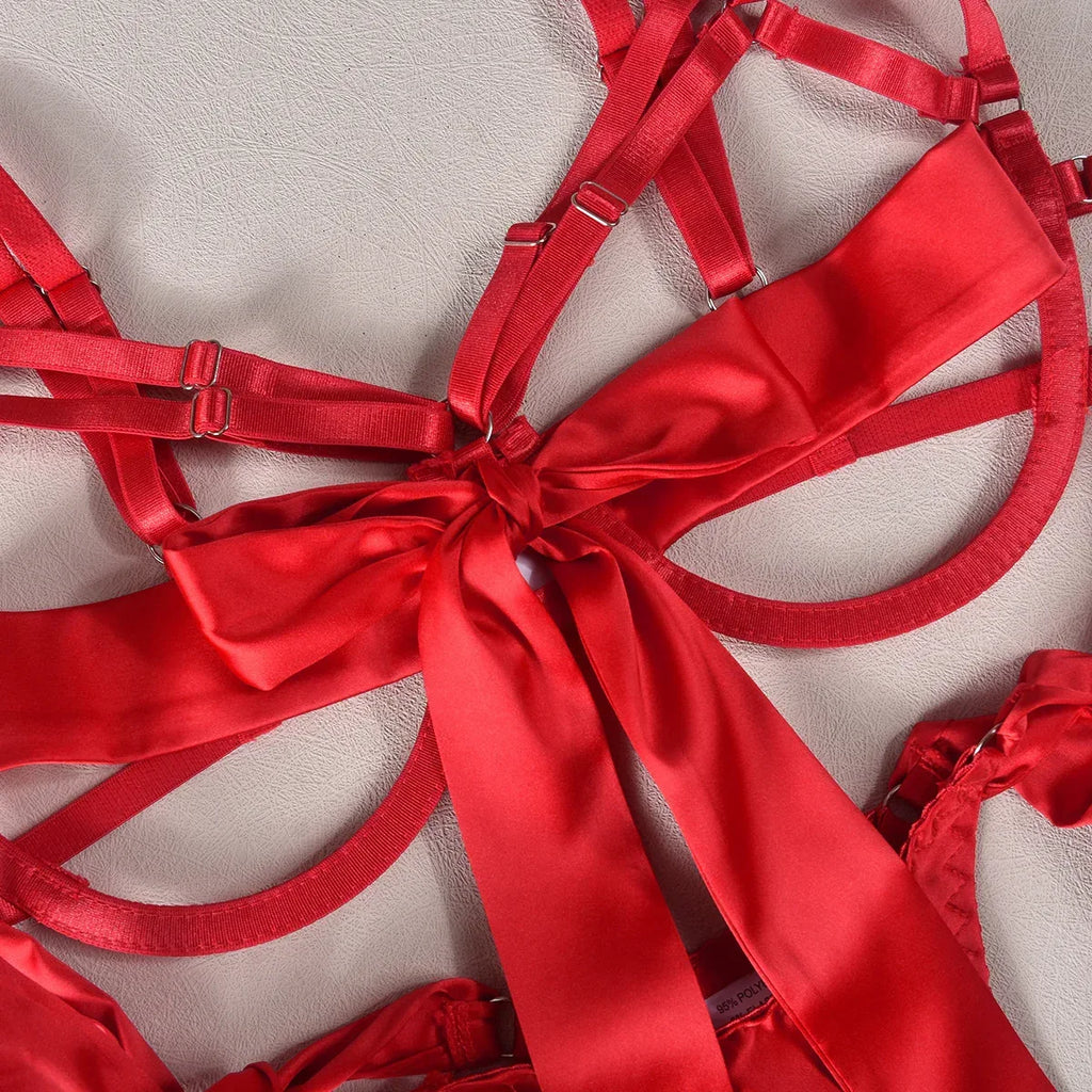 hollow-out-dew-lace-up-push-up-lingerie-four-piece-set - Viexta