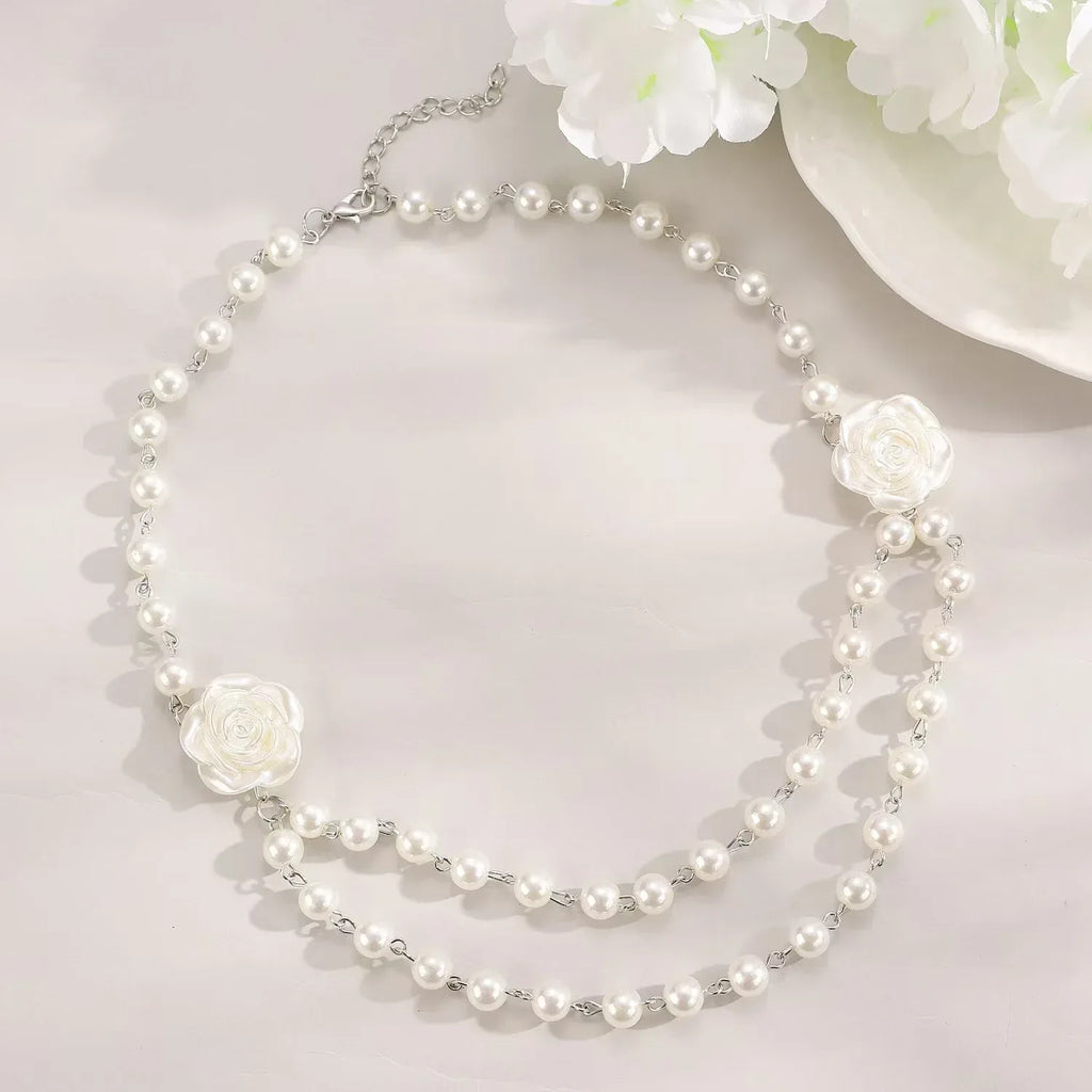 fairy-style-french-pearl-camellia-double-layer-necklace - Viexta