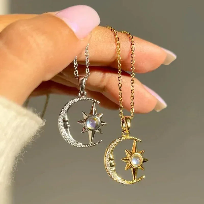 Stainless Steel Moon Star Zircon Necklace - Viexta