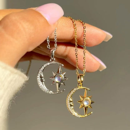 Stainless Steel Moon Star Zircon Necklace