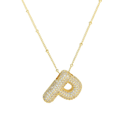 Brass Zircon Bubble Letter Pendant Necklace