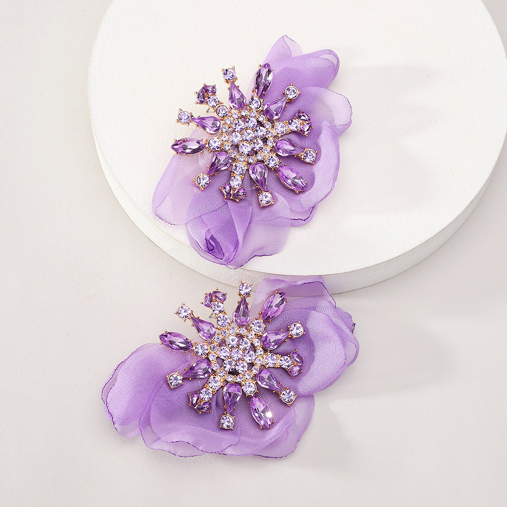 Rhinestone Chiffon Flower Stud Earrings For Women