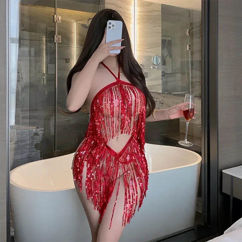 Sexy Lingerie Sexy Sequined Tassel Skirt Uniform - Viexta