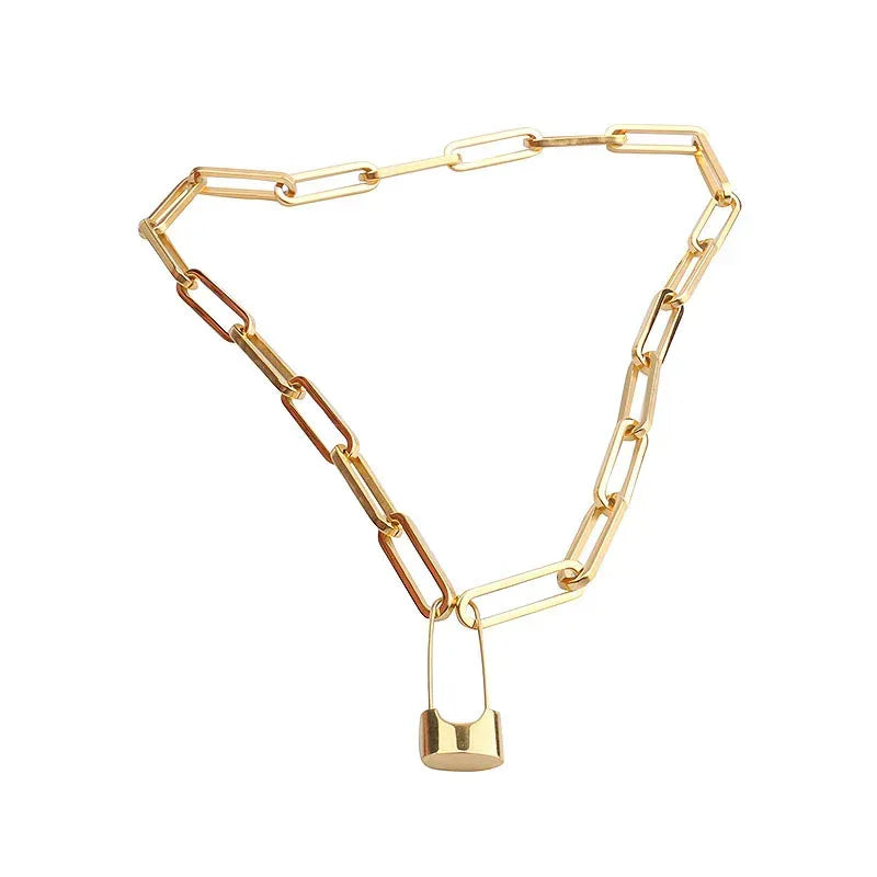 Vintage Gold Lock Pin Choker Necklace - Viexta