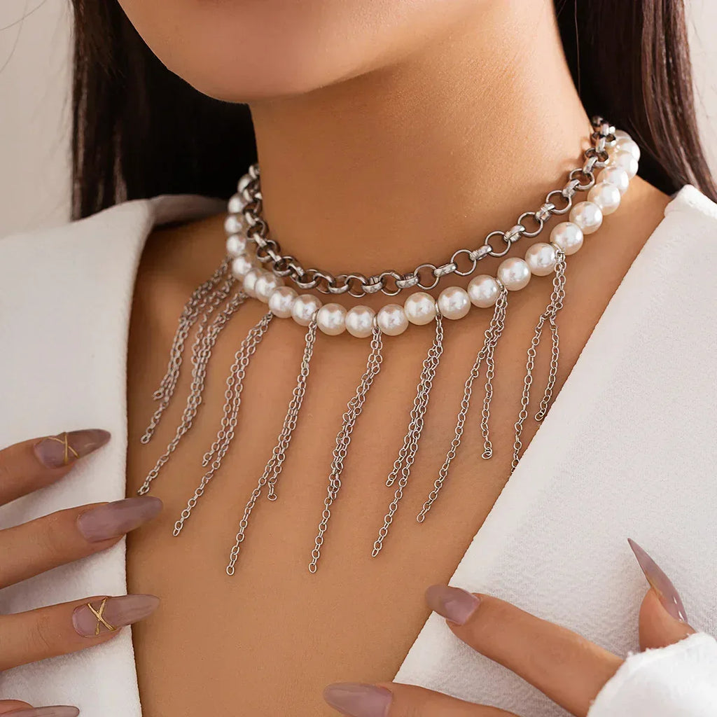 pearl-tassel-double-layer-retro-necklace - Viexta