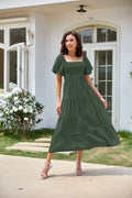 Square Collar Backless Puff Sleeve Dress - Viexta