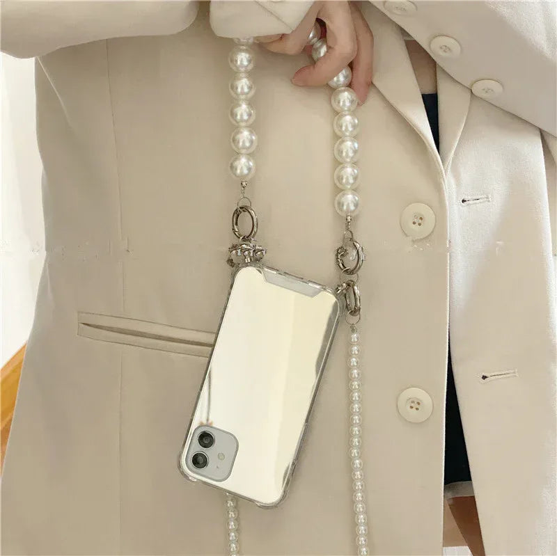 Crossbody Pearl Chain Frosty Mirror iPhone Case - Viexta